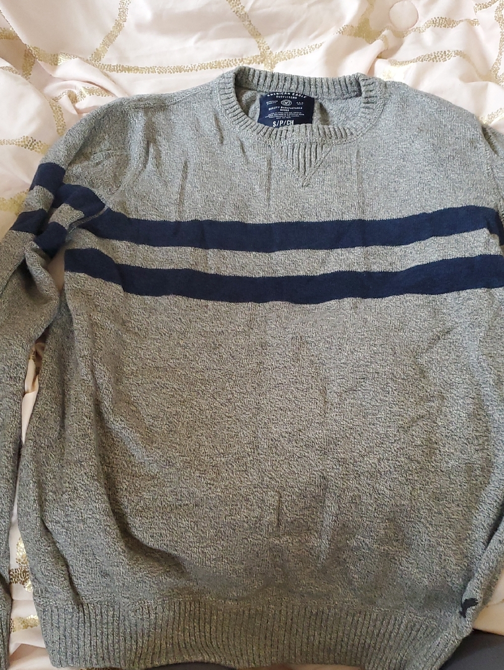 American Eagle Outfitters Grey Crewneck Sweater with Navy Stripes
